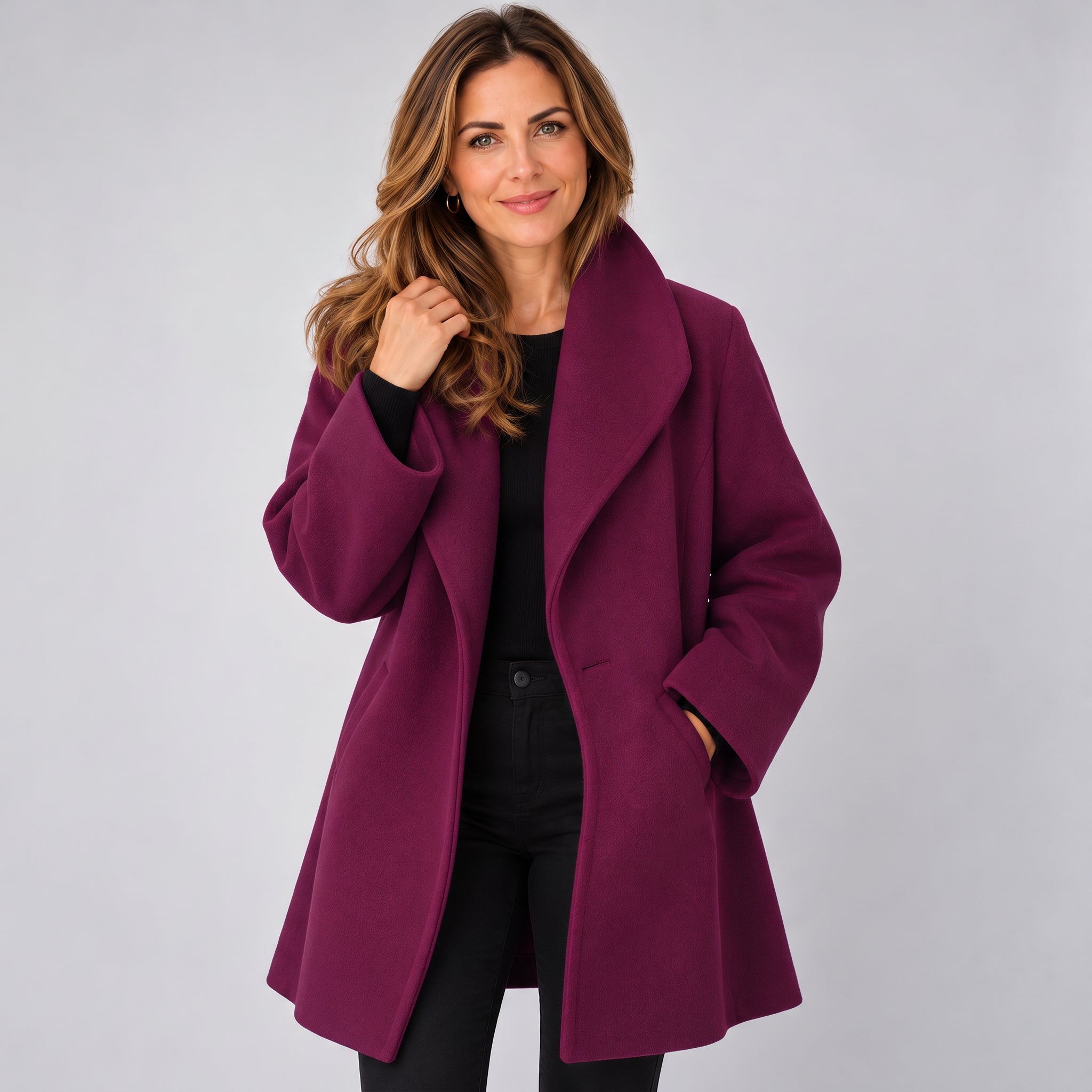 Refined Women's Longline Coat with a Graceful Draped Front Design
