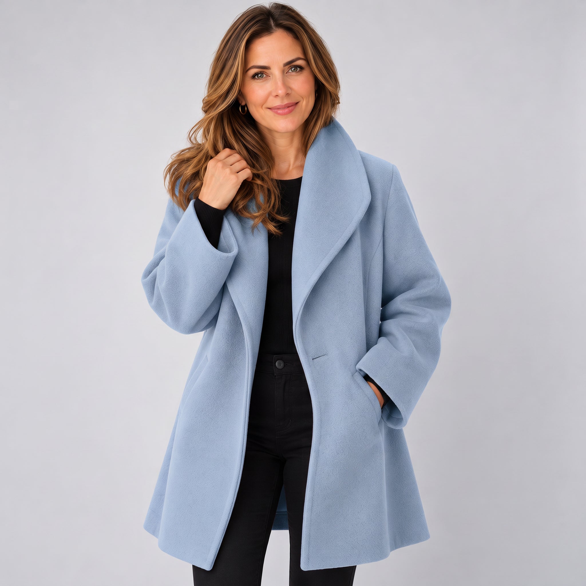 Refined Women's Longline Coat with a Graceful Draped Front Design