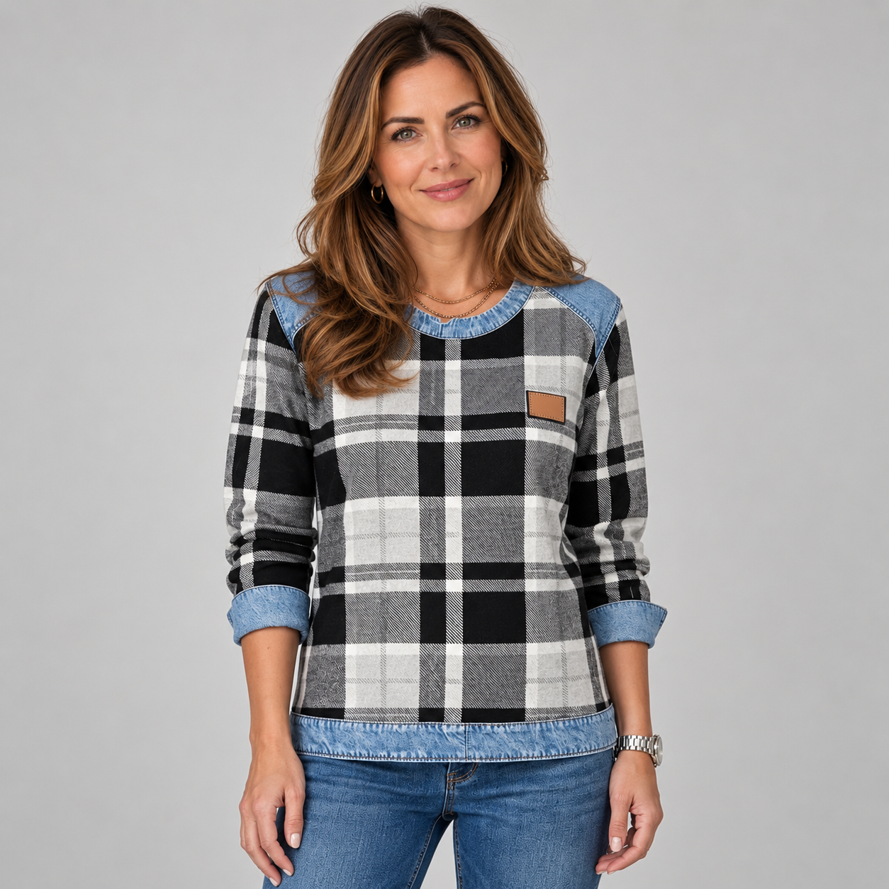 Distinctive Women’s Checked Sweatshirt with Colour Block Detail