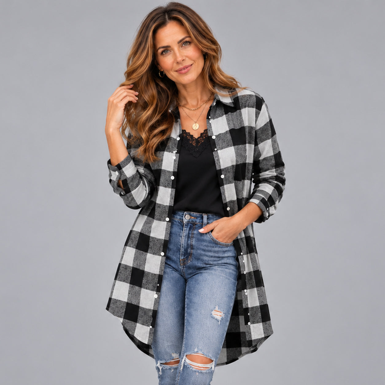 Striking Women’s Plaid Shirt with Classic Button Front