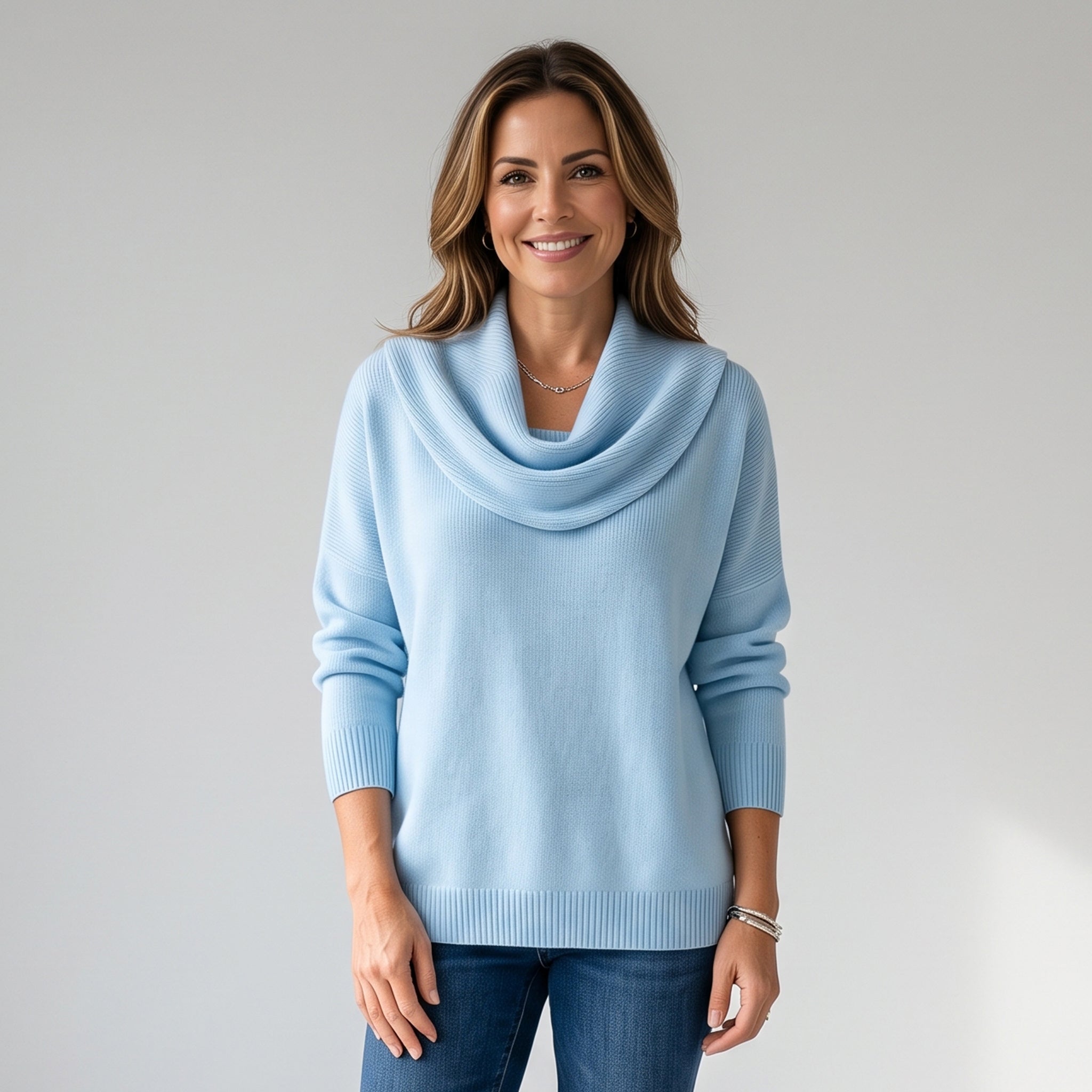 Timeless Ladies Cowl Neck Jumper with a Relaxed Curved Hemline