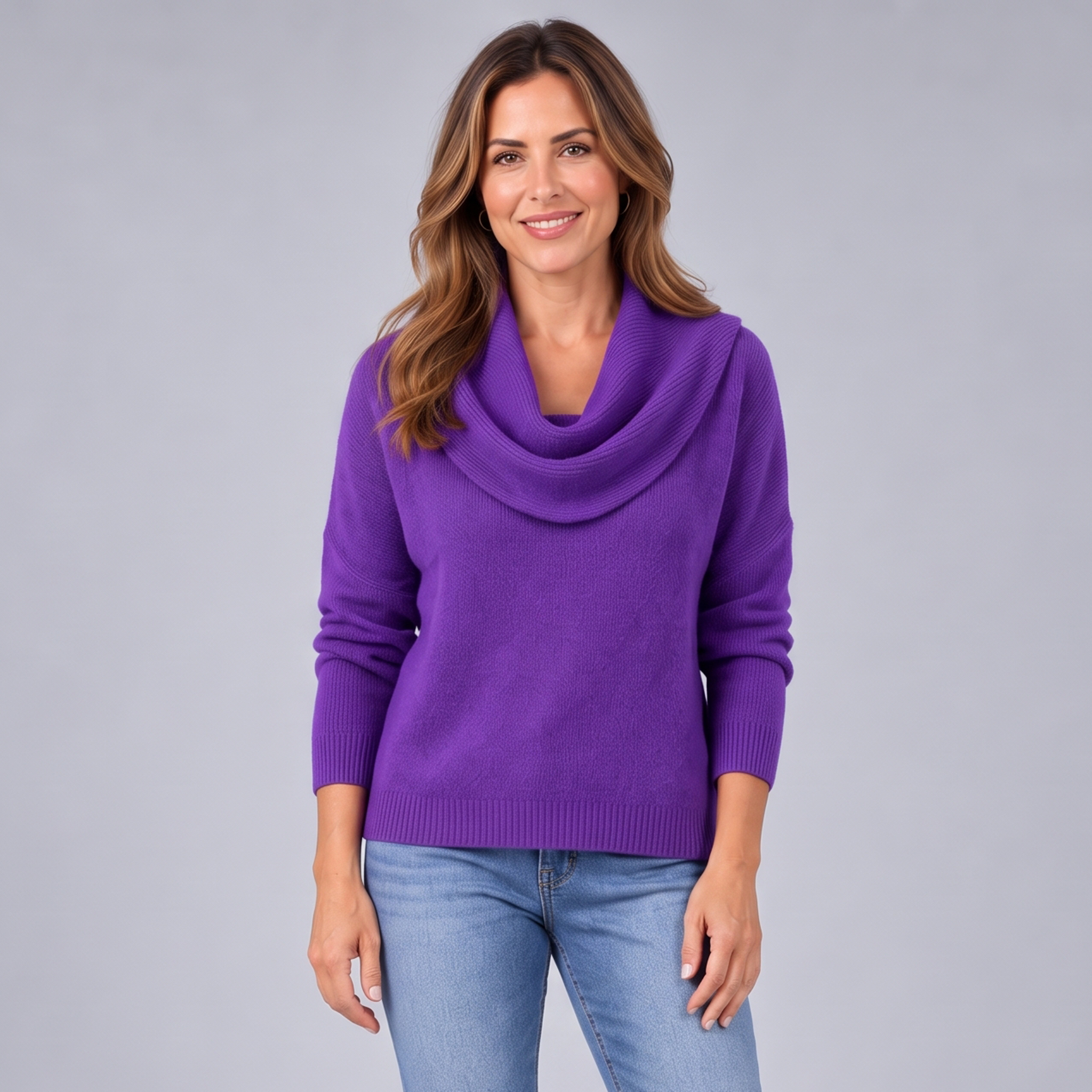 Timeless Ladies Cowl Neck Jumper with a Relaxed Curved Hemline
