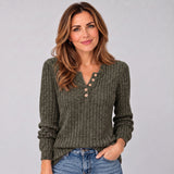 Effortless Women's Ribbed Top with Button Neck and Long Sleeves
