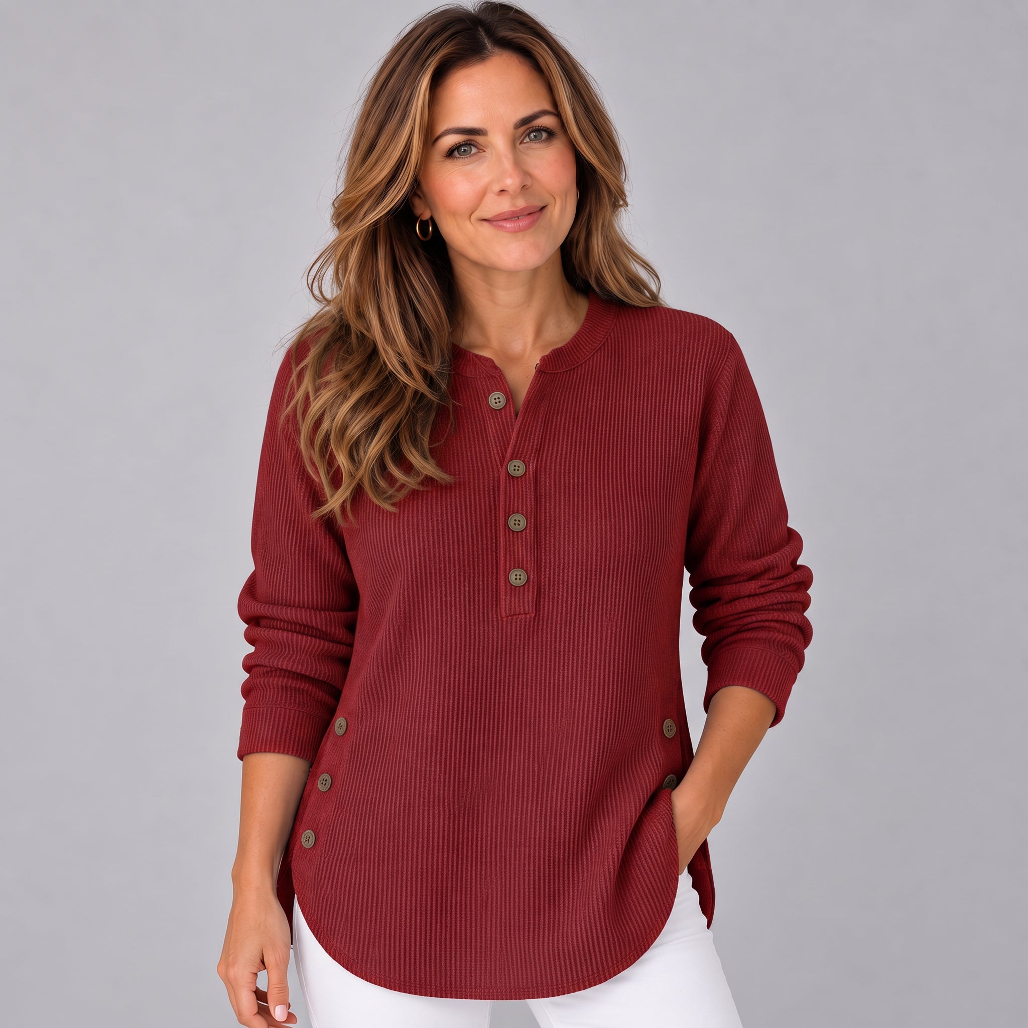 Refined Longline Tunic Top with Ribbed Finish and Button Side Detail