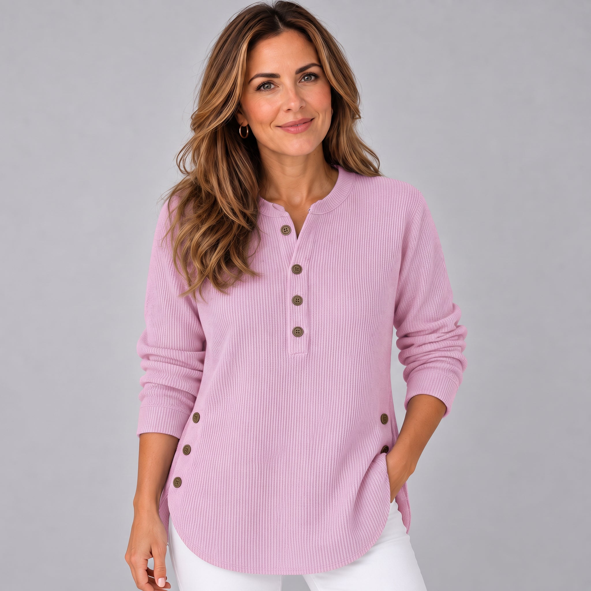 Refined Longline Tunic Top with Ribbed Finish and Button Side Detail