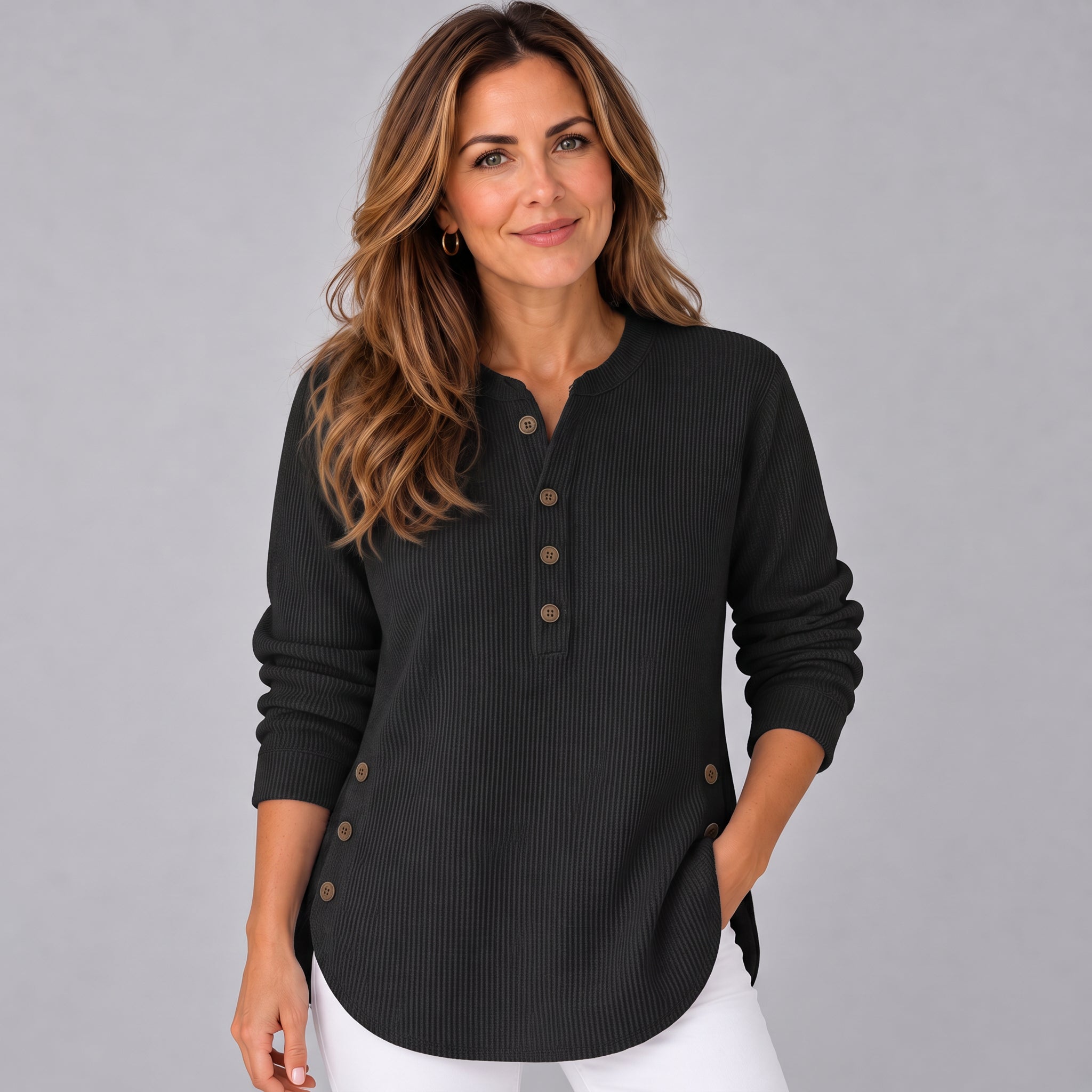 Refined Longline Tunic Top with Ribbed Finish and Button Side Detail