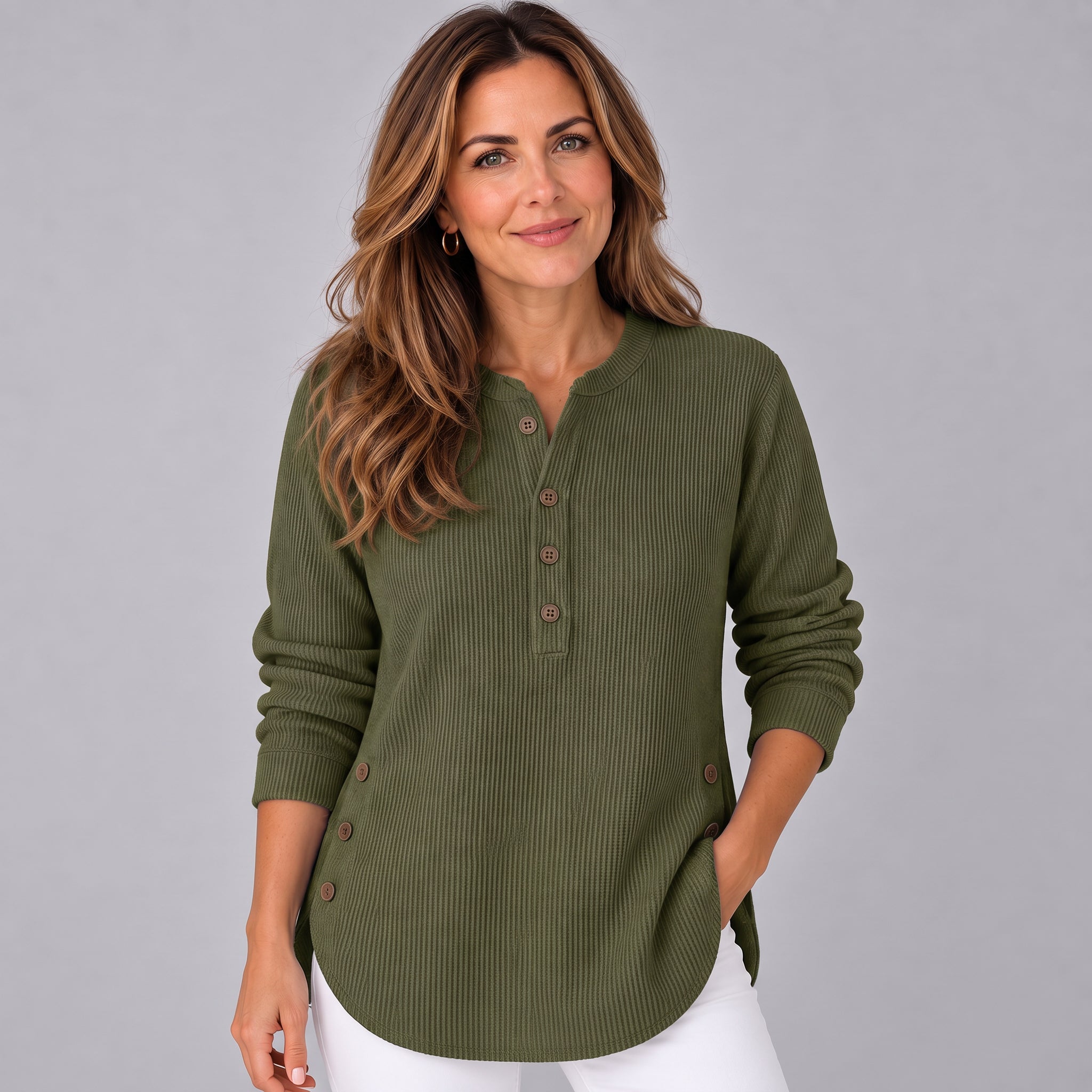 Refined Longline Tunic Top with Ribbed Finish and Button Side Detail