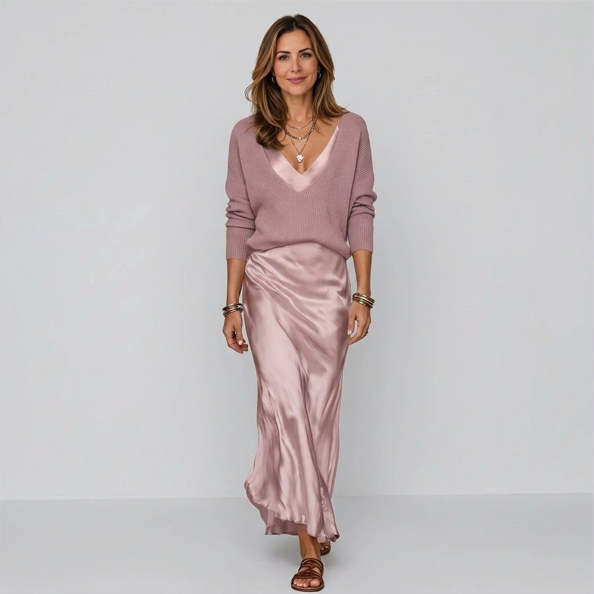 Elegant Two Piece Dress Set with Layered V Neck Jumper