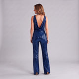 Striking Sequin Jumpsuit with Draped Neckline and Wide Legs