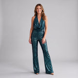 Striking Sequin Jumpsuit with Draped Neckline and Wide Legs