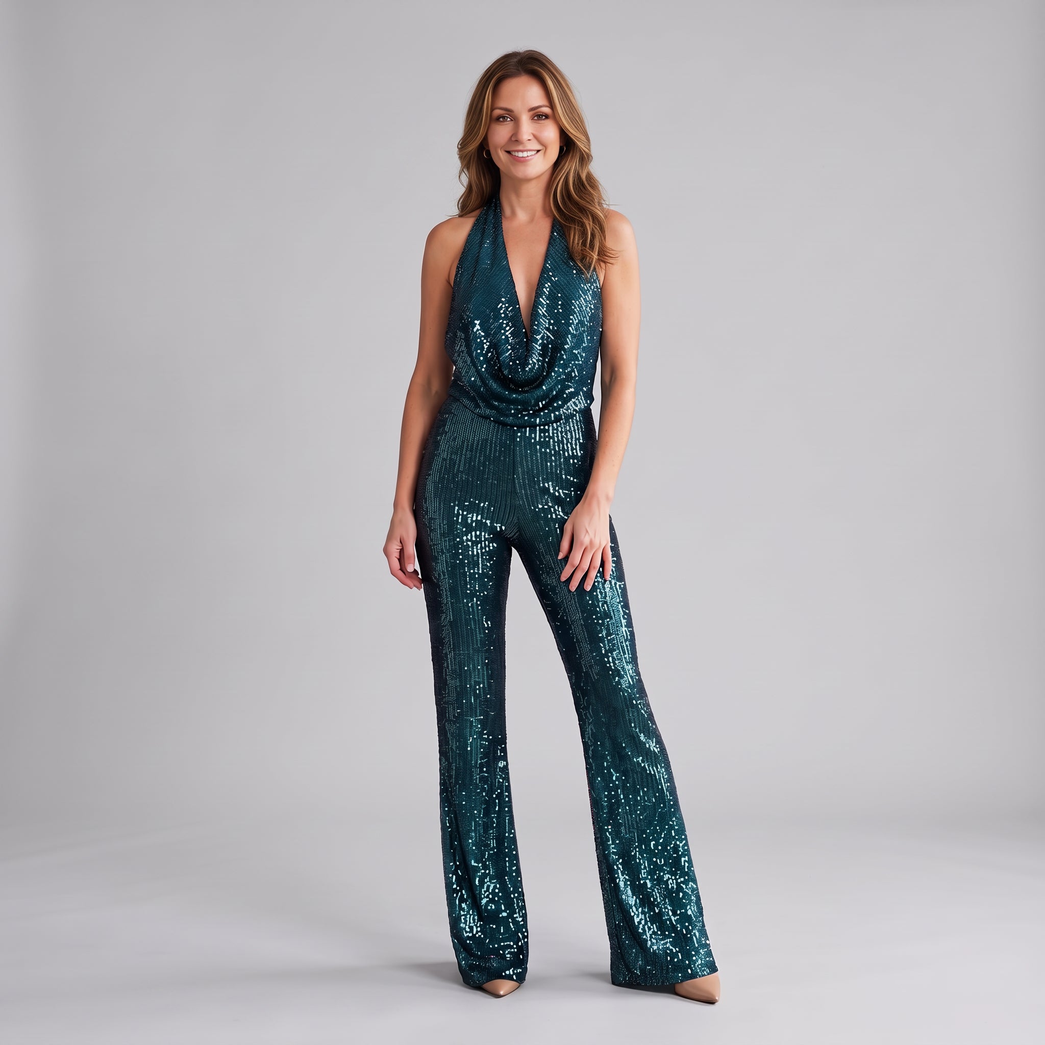 Striking Sequin Jumpsuit with Draped Neckline and Wide Legs