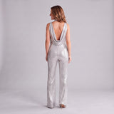 Striking Sequin Jumpsuit with Draped Neckline and Wide Legs