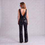 Striking Sequin Jumpsuit with Draped Neckline and Wide Legs