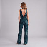 Striking Sequin Jumpsuit with Draped Neckline and Wide Legs