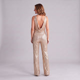 Striking Sequin Jumpsuit with Draped Neckline and Wide Legs