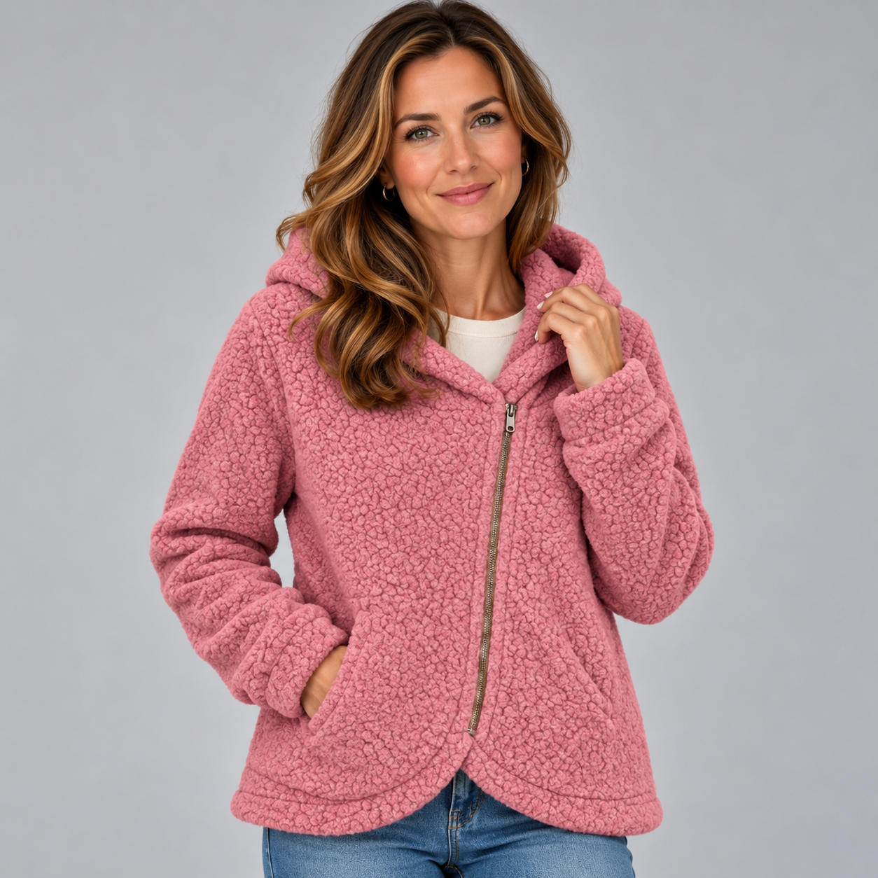 Refined Women’s Hooded Jacket with Textured Finish and Zip Front