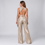 Sophisticated Sequin Jumpsuit with Sleeveless Cut and Tie Waist