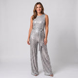 Sophisticated Sequin Jumpsuit with Sleeveless Cut and Tie Waist