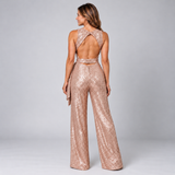 Sophisticated Sequin Jumpsuit with Sleeveless Cut and Tie Waist