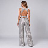 Sophisticated Sequin Jumpsuit with Sleeveless Cut and Tie Waist