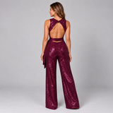 Sophisticated Sequin Jumpsuit with Sleeveless Cut and Tie Waist