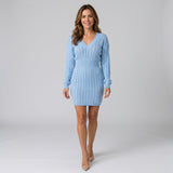 Elegant Cable Knit Jumper Dress with V Neck and Defined Waist