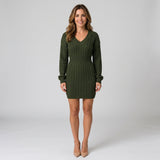 Elegant Cable Knit Jumper Dress with V Neck and Defined Waist