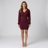 Elegant Cable Knit Jumper Dress with V Neck and Defined Waist
