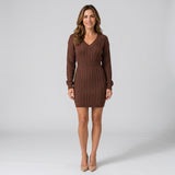 Elegant Cable Knit Jumper Dress with V Neck and Defined Waist