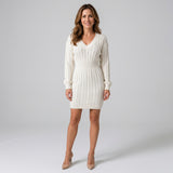 Elegant Cable Knit Jumper Dress with V Neck and Defined Waist