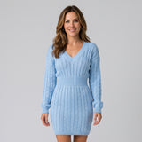Elegant Cable Knit Jumper Dress with V Neck and Defined Waist