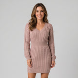 Elegant Cable Knit Jumper Dress with V Neck and Defined Waist