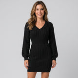 Elegant Cable Knit Jumper Dress with V Neck and Defined Waist