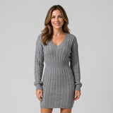 Elegant Cable Knit Jumper Dress with V Neck and Defined Waist