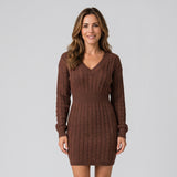 Elegant Cable Knit Jumper Dress with V Neck and Defined Waist