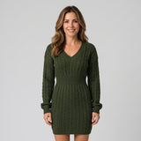 Elegant Cable Knit Jumper Dress with V Neck and Defined Waist