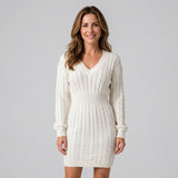 Elegant Cable Knit Jumper Dress with V Neck and Defined Waist