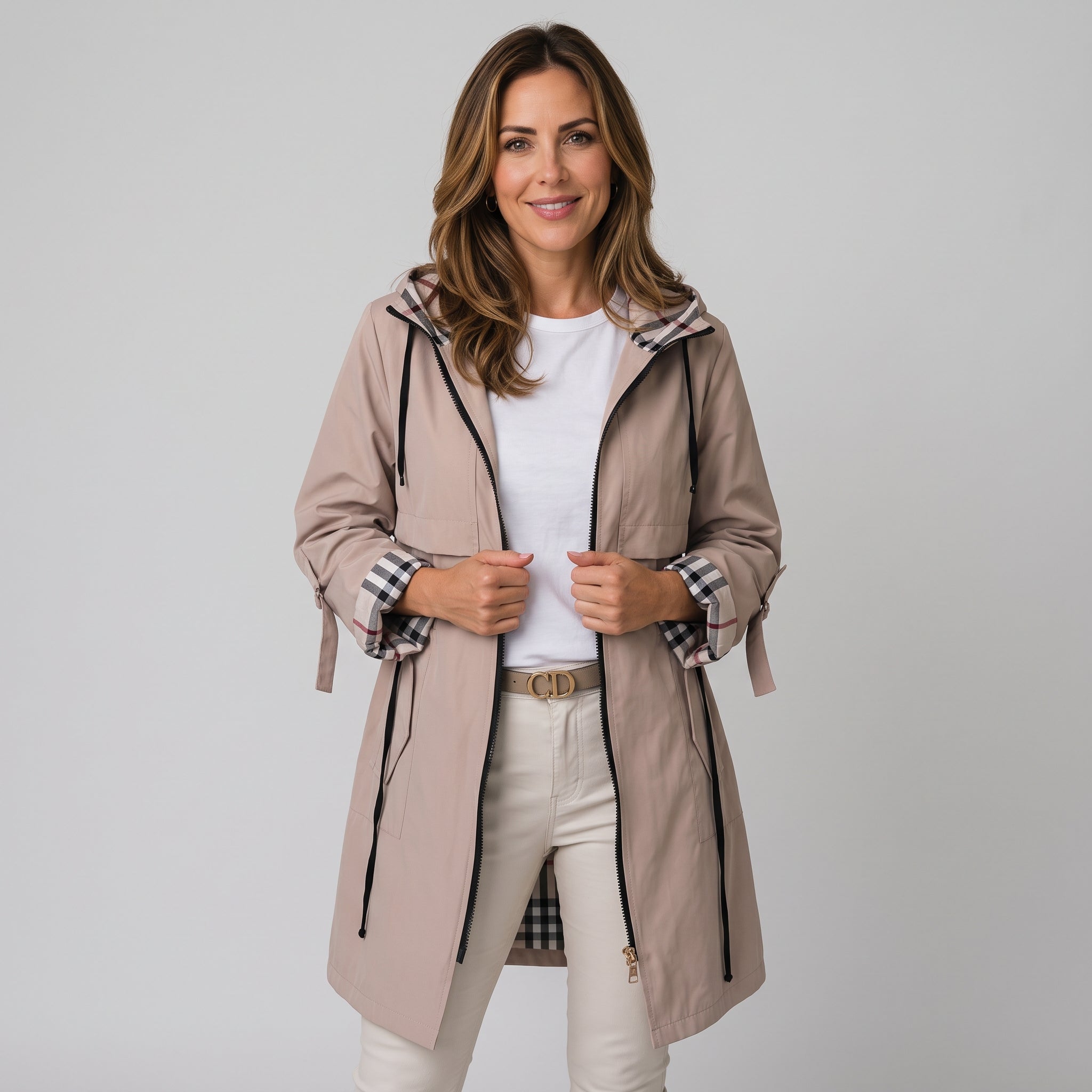 Contemporary Women's Zip Up Coat with Checked Hood Detailing