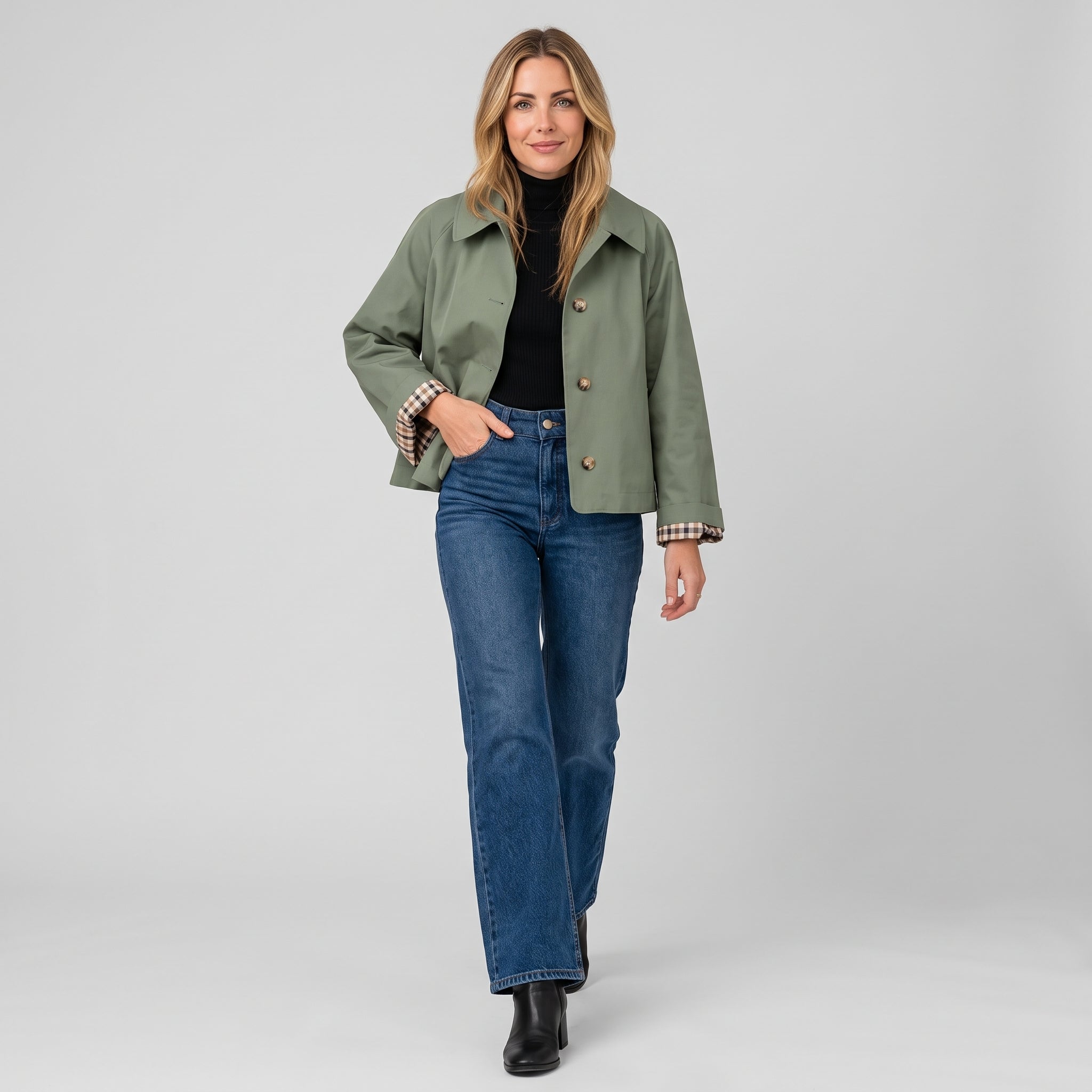 Charming Women’s Short Jacket with Button Front and Contrast Cuffs