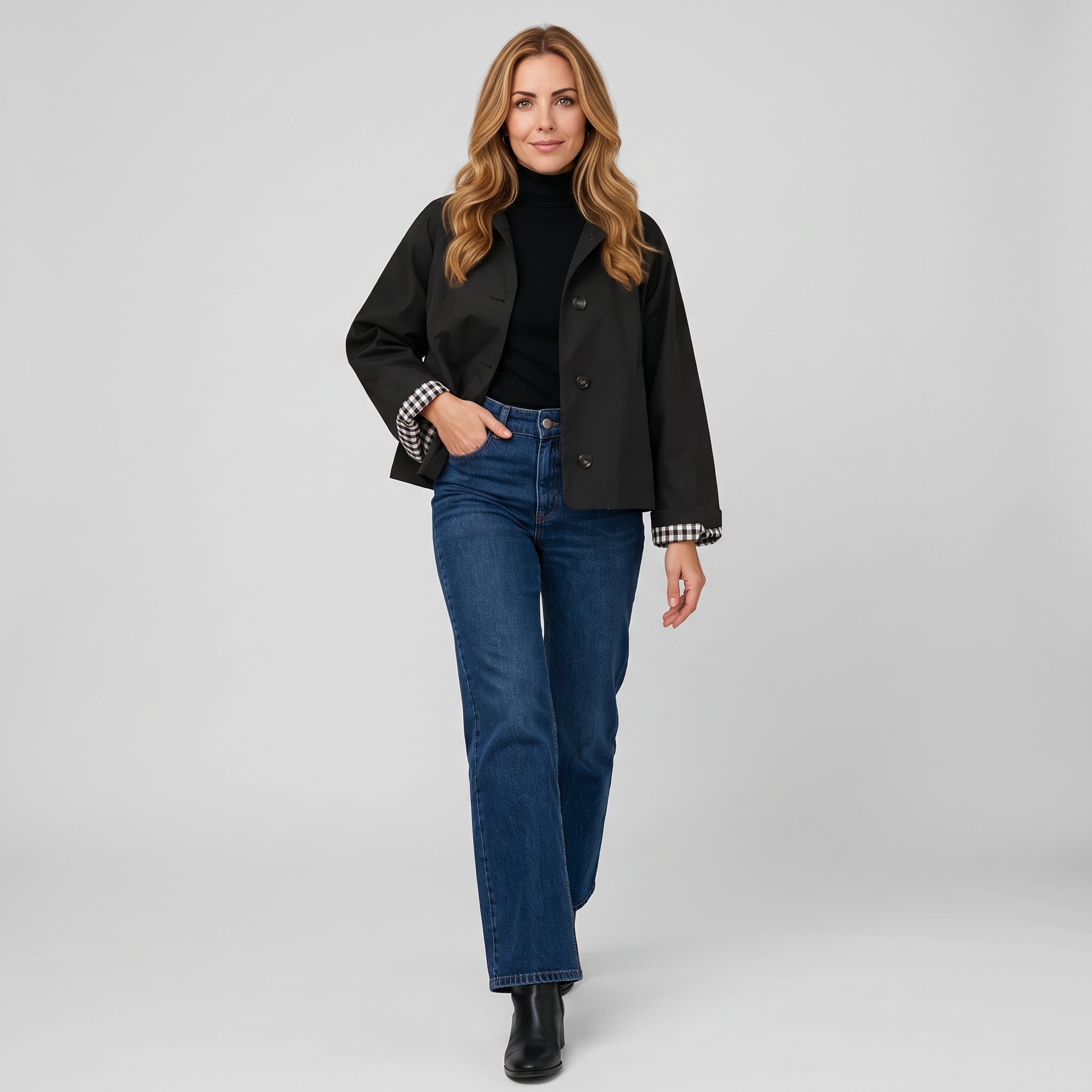 Charming Women’s Short Jacket with Button Front and Contrast Cuffs
