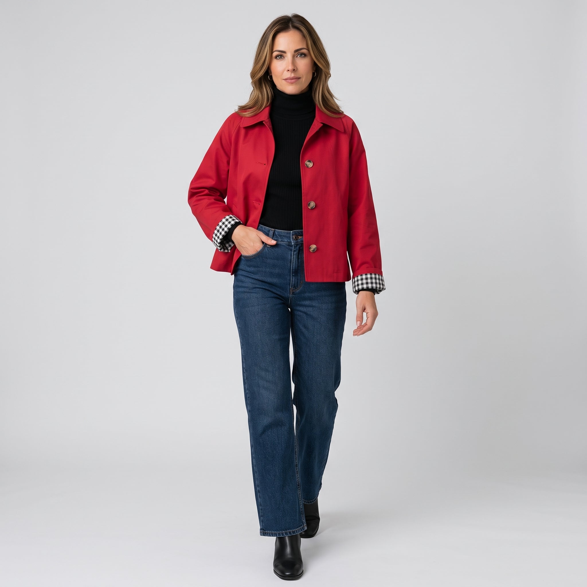 Charming Women’s Short Jacket with Button Front and Contrast Cuffs