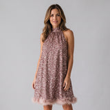 Stunning Sequin Mini Dress with Halterneck and Feather Trim