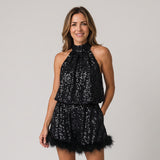 Stunning Sequin Mini Dress with Halterneck and Feather Trim