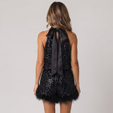 Stunning Sequin Mini Dress with Halterneck and Feather Trim