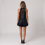 Stunning Sequin Mini Dress with Halterneck and Feather Trim