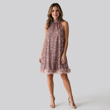 Stunning Sequin Mini Dress with Halterneck and Feather Trim