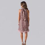 Stunning Sequin Mini Dress with Halterneck and Feather Trim