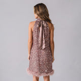 Stunning Sequin Mini Dress with Halterneck and Feather Trim
