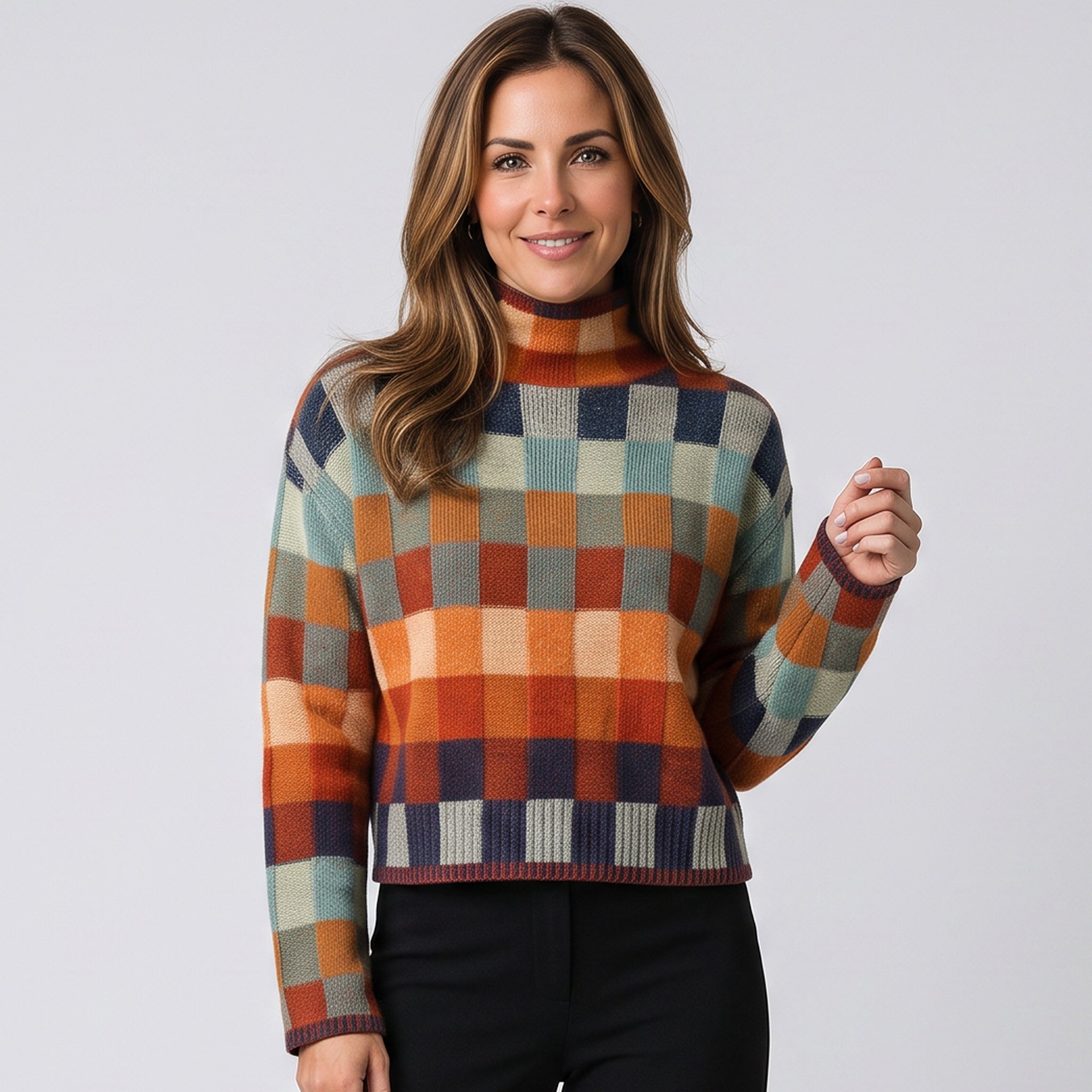 Women's colourful checked jumper with a high neck by Ivy & Co, image 1 of 1