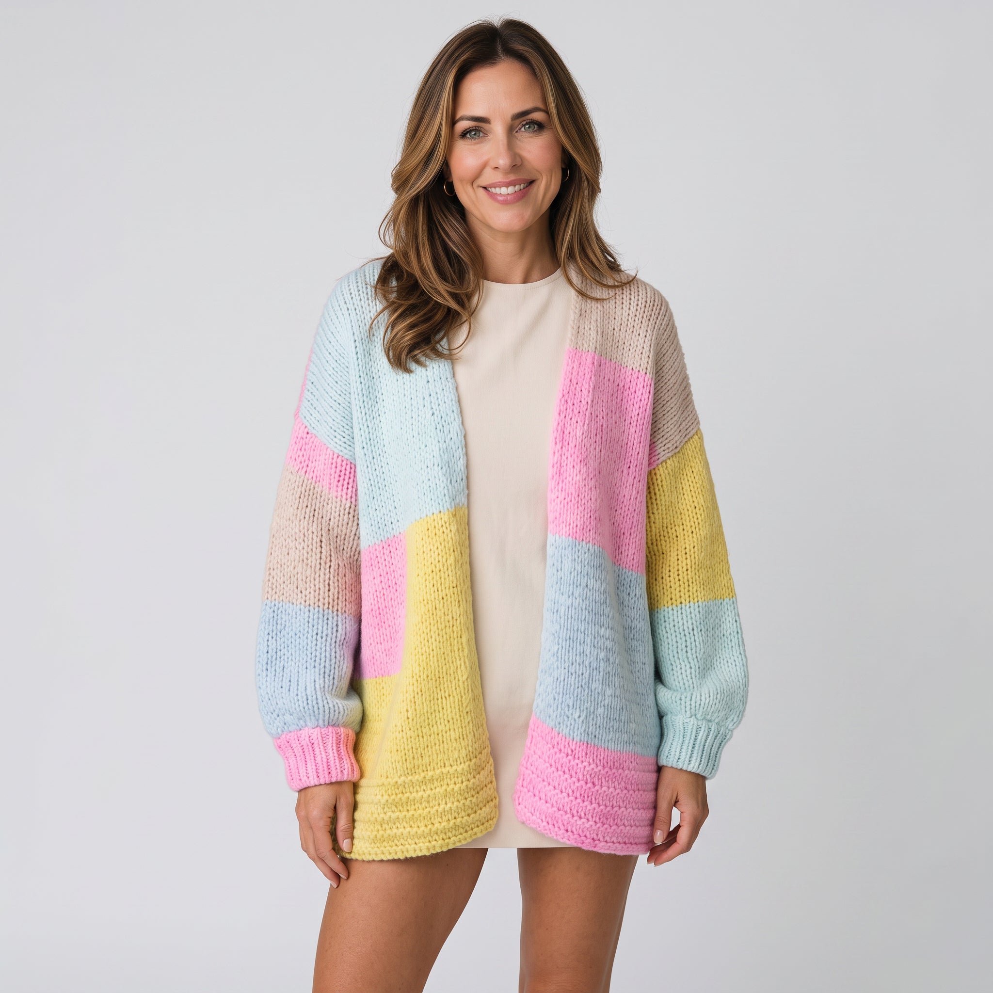 Women's colour-block chunky knit cardigan in pastel tones by Ivy & Co, image 1 of 1